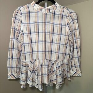 Maeve Anthropologie Plaid Peplum Top Button Back Long Sleeve‎ Blouse - Size 2